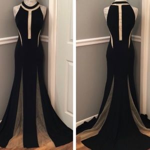 Black Jovani Nude Mesh Cut-Out Dress/Gown